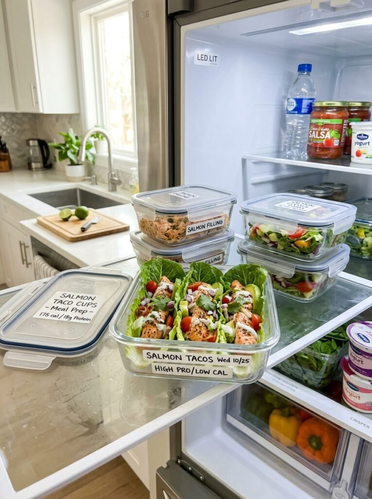 high protein low calorie salmon lettuce taco cups 16 Food storage salmon taco cups 202605202327