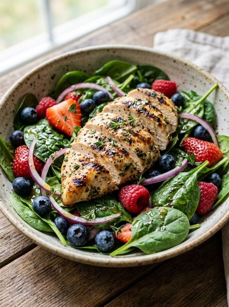 High Protein Grilled Chicken Berry Spinach Dinner 12 Grilled chicken berry spinach di… 202606071313