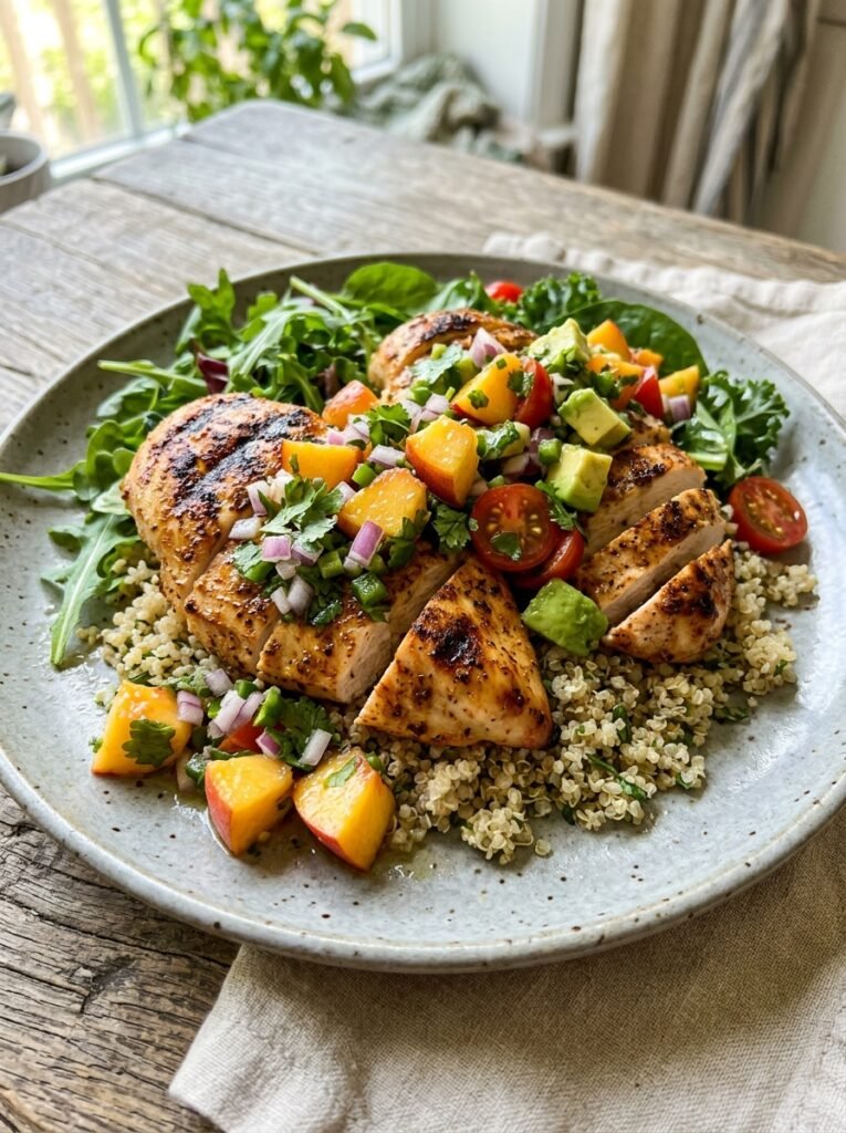 high protein grilled chicken peach salsa plate 12 Grilled chicken peach salsa plate 202605071733
