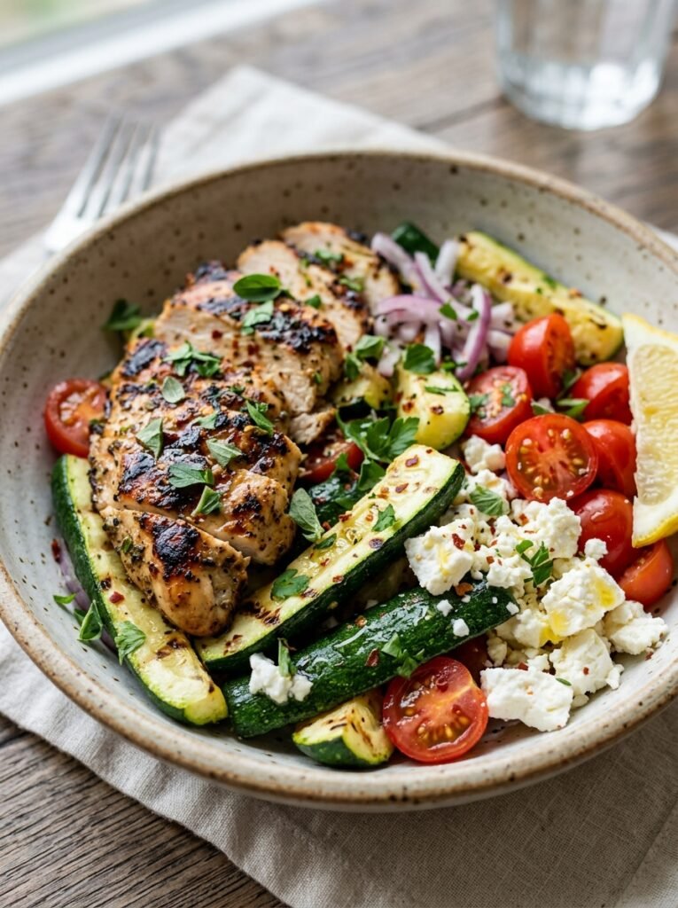 Grilled chicken zucchini feta bowl 202606101455