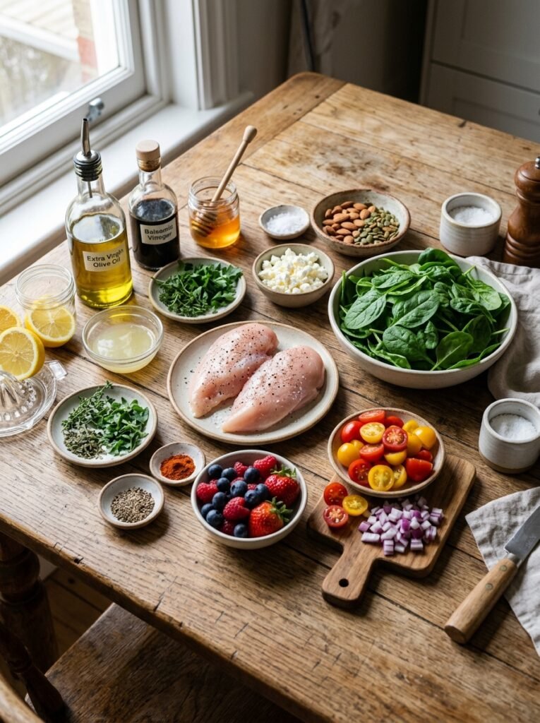 High Protein Grilled Chicken Berry Spinach Dinner 13 Ingredients for grilled chicken … 202606071313