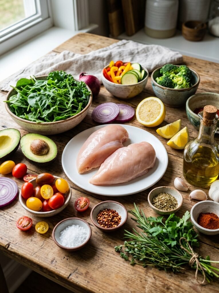 High Protein Low Calorie Keto Friendly Meal 13 Ingredients for keto meal arranged 202605021223