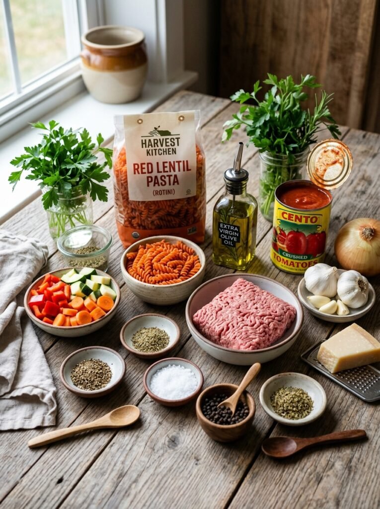 High Protein Red Lentil Pasta with Lean Ground Beef Sauce 13 Ingredients for lentil pasta sauce 202605021343