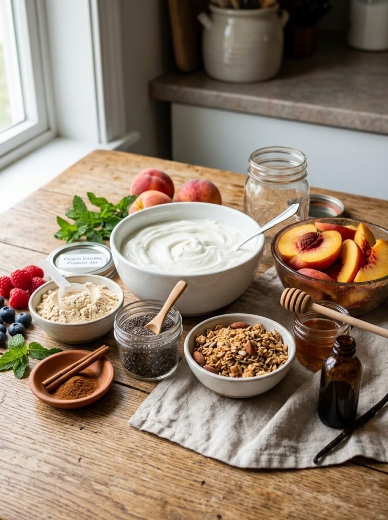 High Protein Peach Vanilla Protein Yogurt Jars 13 Ingredients for protein yogurt jars 202605180100