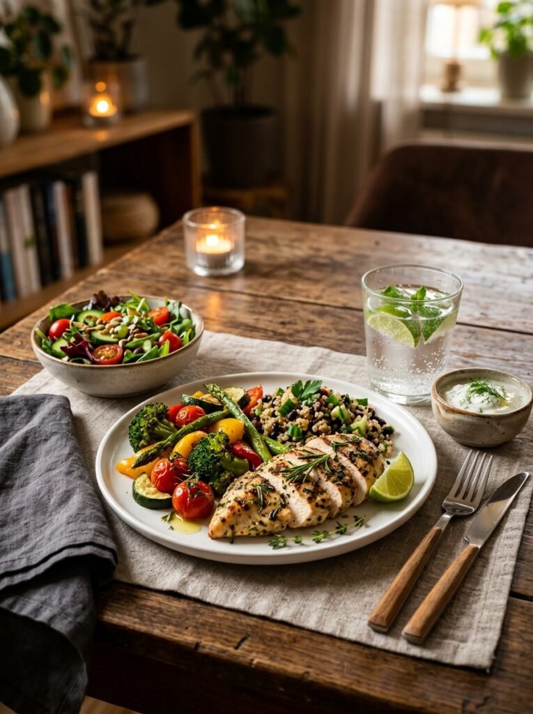 high protein low calorie fat loss meal: Grilled Chicken and Vegetable Power Bowl 15 Meal setup with side dishes 202605021349