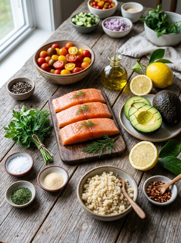 easy high protein salmon avocado tomato bowls 13 Salmon avocado tomato bowls ingr… 202605311339