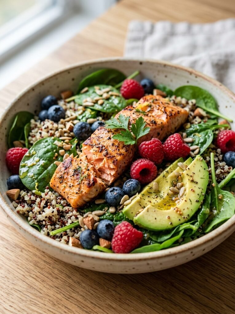 Salmon berry spinach lunch salad 202605202305