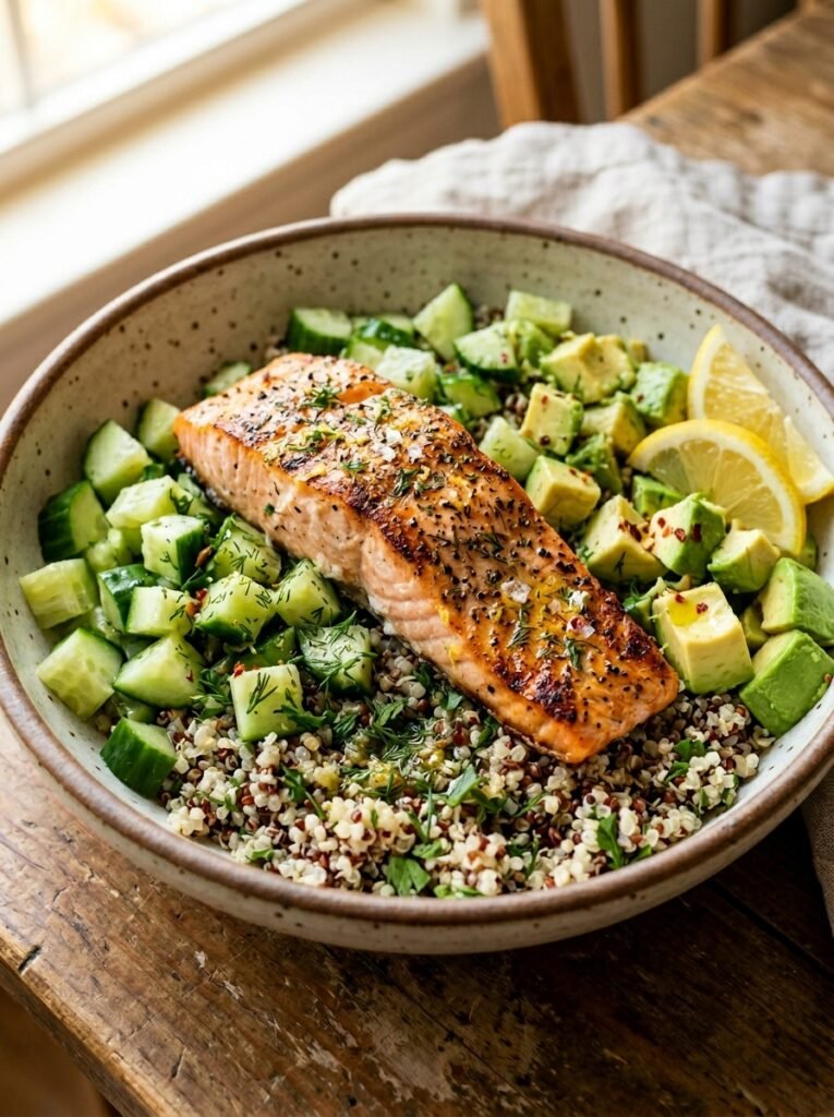 Salmon cucumber quinoa dinner bowl 202605041337