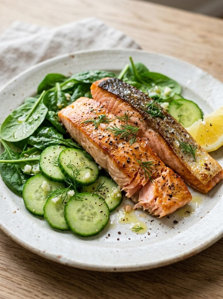 High Protein Low Calorie Salmon Cucumber Spinach Plate 12 Salmon cucumber spinach plate 202606041434