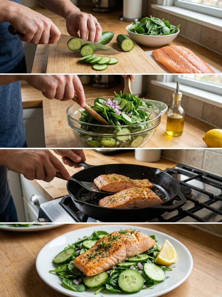 High Protein Low Calorie Salmon Cucumber Spinach Plate 14 Salmon cucumber spinach plate co… 202606041434