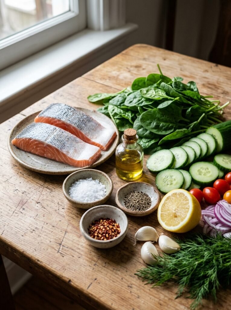 High Protein Low Calorie Salmon Cucumber Spinach Plate 13 Salmon cucumber spinach plate in… 202606041434