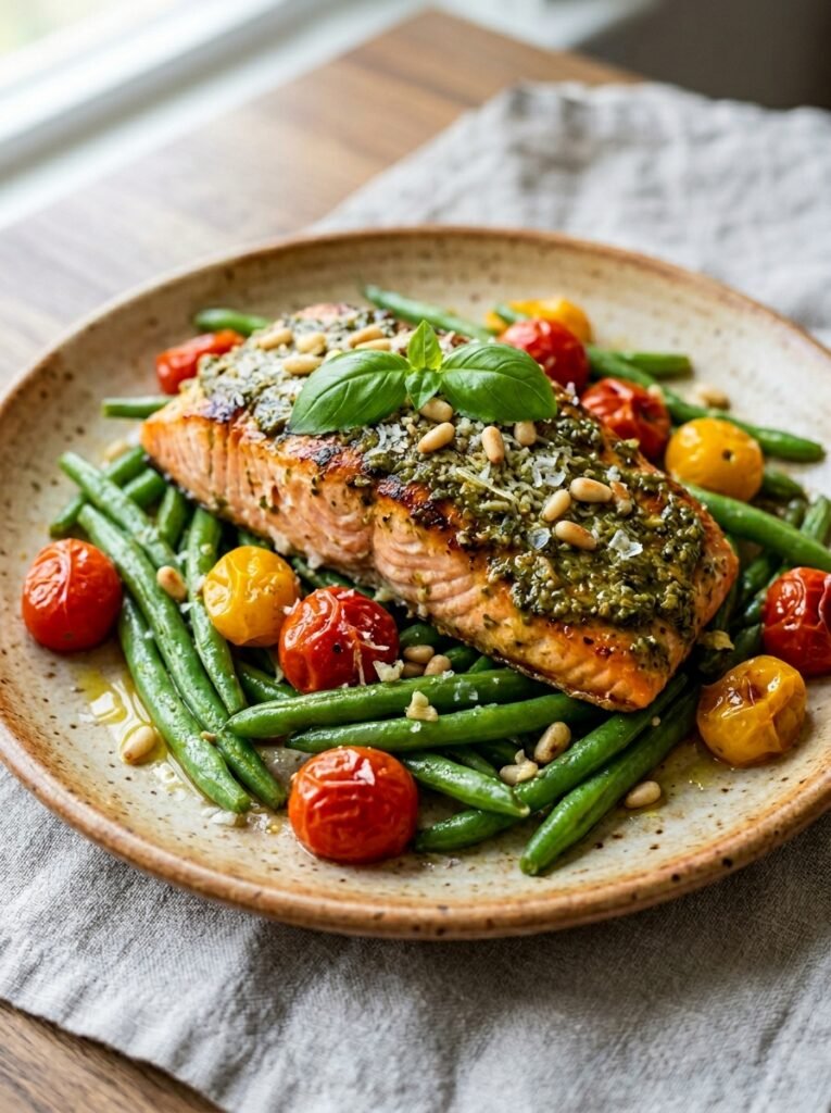 easy high protein salmon pesto green bean plate 12 Salmon pesto green bean plate 202605202311