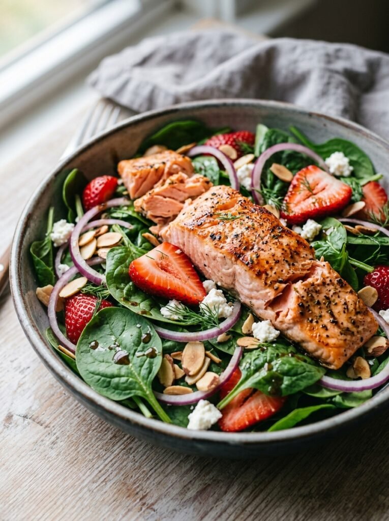 High Protein Salmon Strawberry Spinach Salad 12 Salmon strawberry spinach salad 202605112315