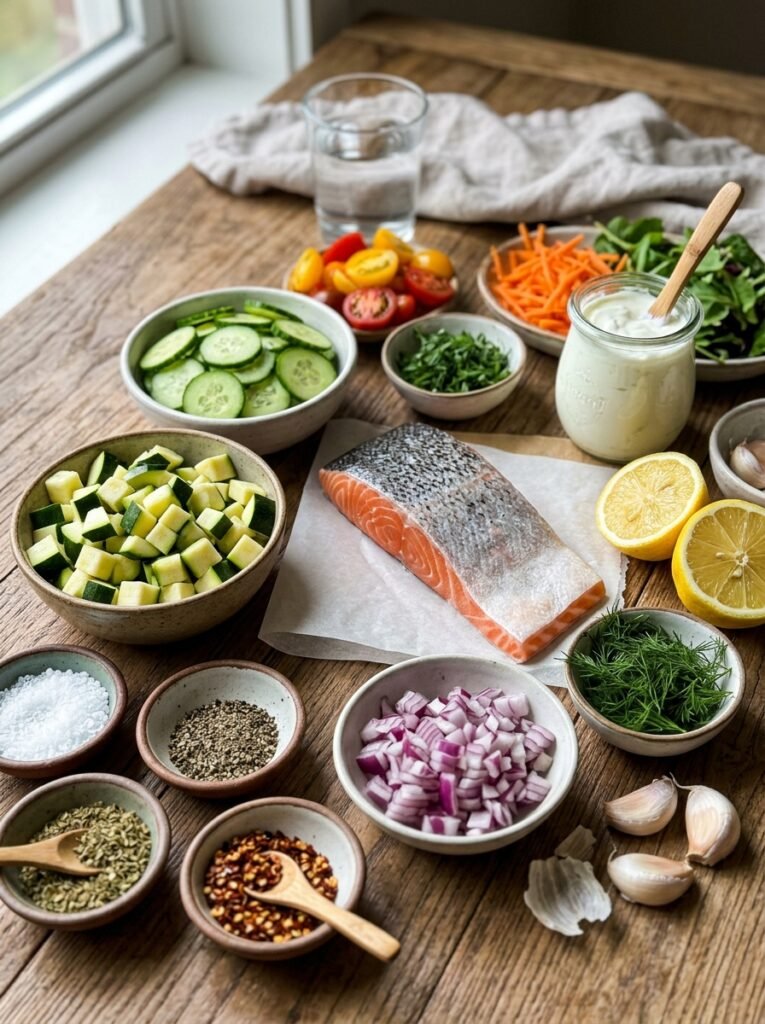 high protein low calorie salmon zucchini cucumber bowl 13 Salmon zucchini cucumber bowl in… 202605141443