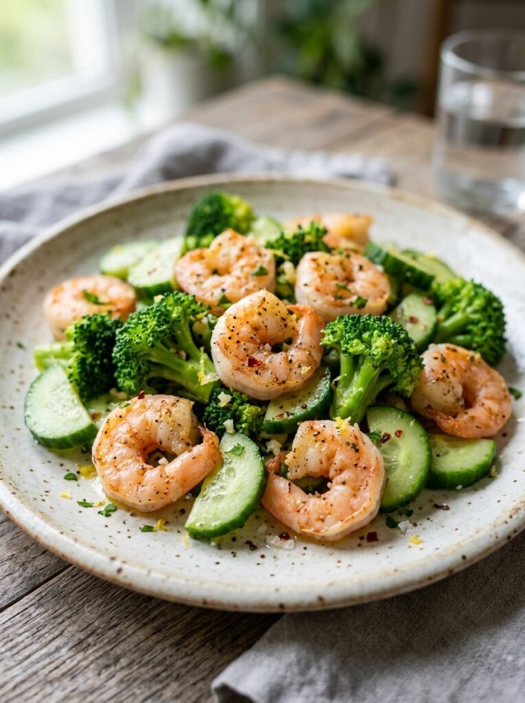 Shrimp broccoli cucumber plate 202606081448