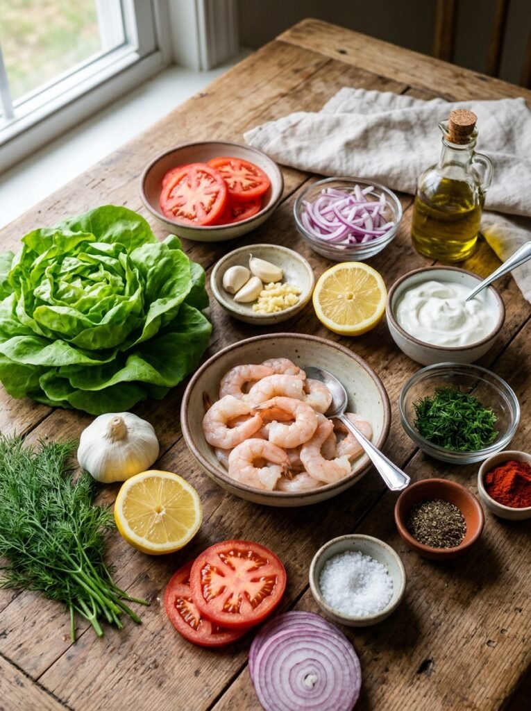 High Protein Shrimp Burger Lettuce Dinner Stack Recipe 13 Shrimp burger ingredients on table 202606051426