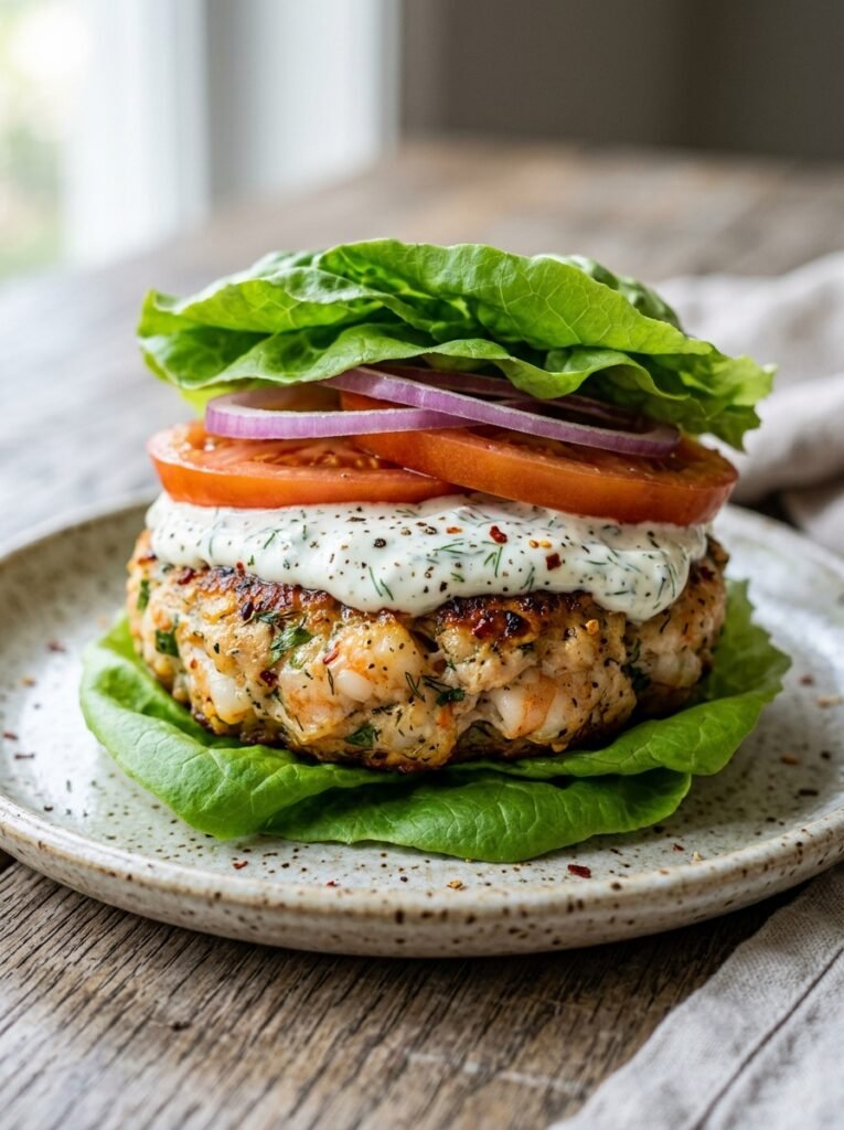 High Protein Shrimp Burger Lettuce Dinner Stack Recipe 12 Shrimp burger lettuce dinner stack 202606051426