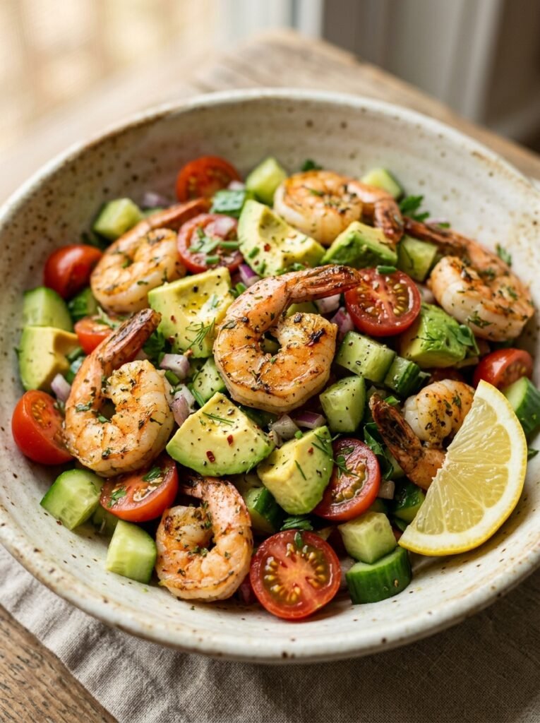 high protein shrimp cucumber avocado dinner salad 12 Shrimp cucumber avocado salad 202605091354