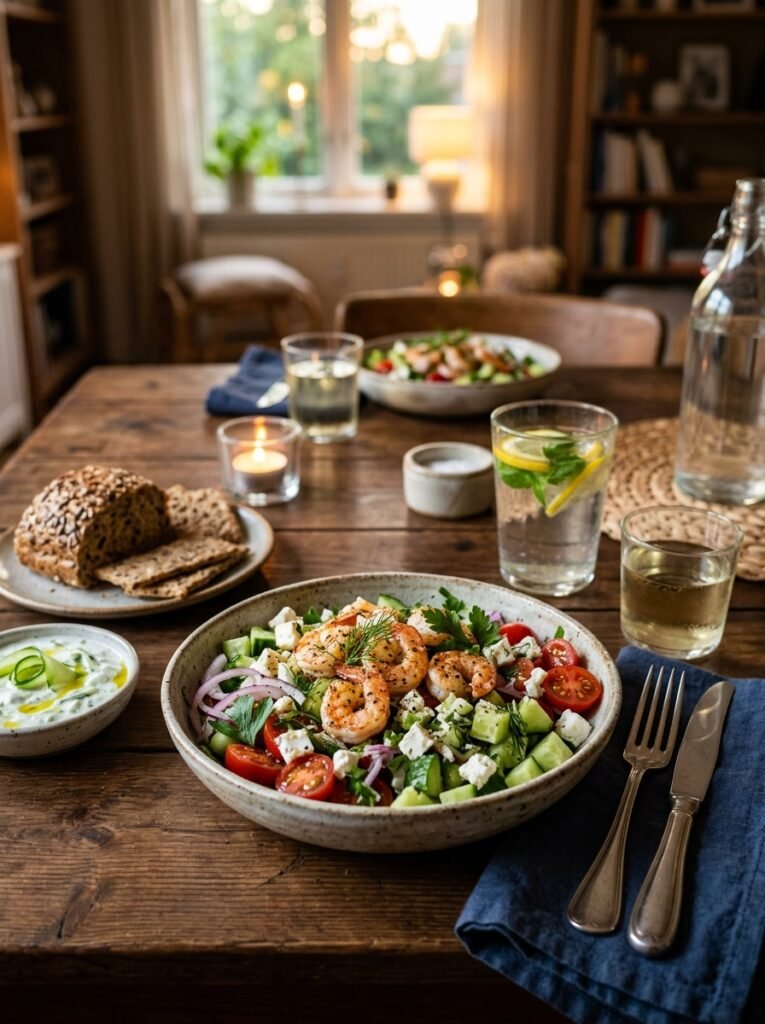 High Protein Low Calorie Shrimp Cucumber Feta Salad 15 Shrimp cucumber feta salad setup 202605222338