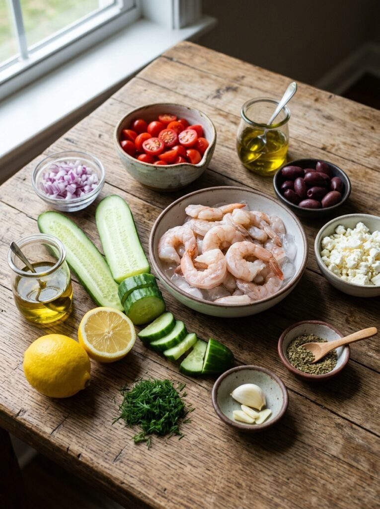 easy high protein shrimp cucumber greek salad 13 Shrimp cucumber greek salad ingr… 202605222350