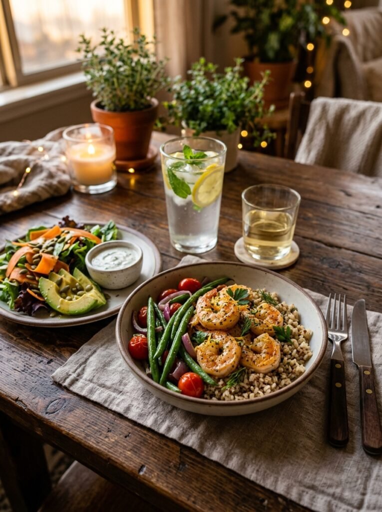 High Protein Lemon Garlic Shrimp Green Bean Bowl 15 Shrimp green bean bowl setup 202605141500