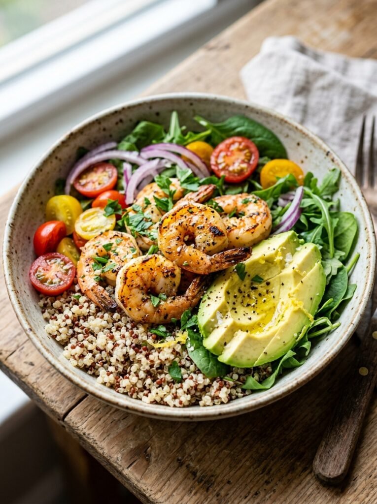 High Protein Shrimp Lemon Avocado Lunch Bowl 12 Shrimp lemon avocado lunch bowl 202605092305