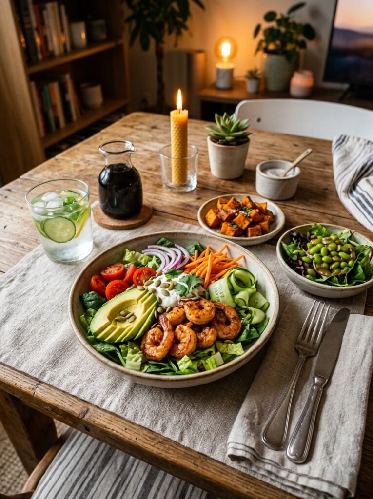 High Protein Low Calorie Shrimp Lettuce Burger Bowl 15 Shrimp lettuce burger bowl setup 202606111300