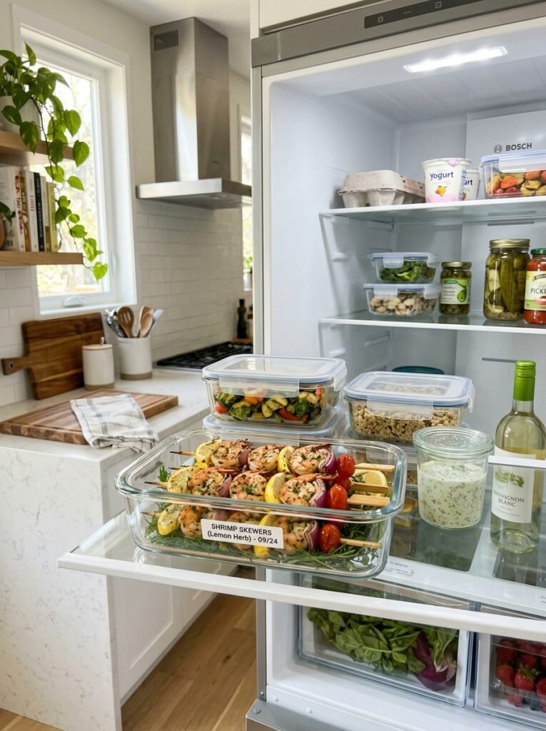 high protein shrimp lemon herb dinner skewers 16 Shrimp skewers in food containers 202605301329