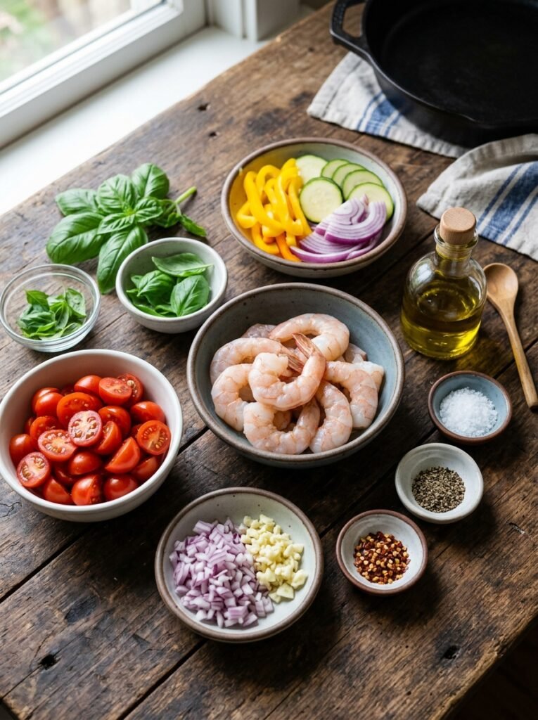 easy high protein shrimp tomato basil skillet 13 Shrimp tomato basil skillet ingr… 202605120001