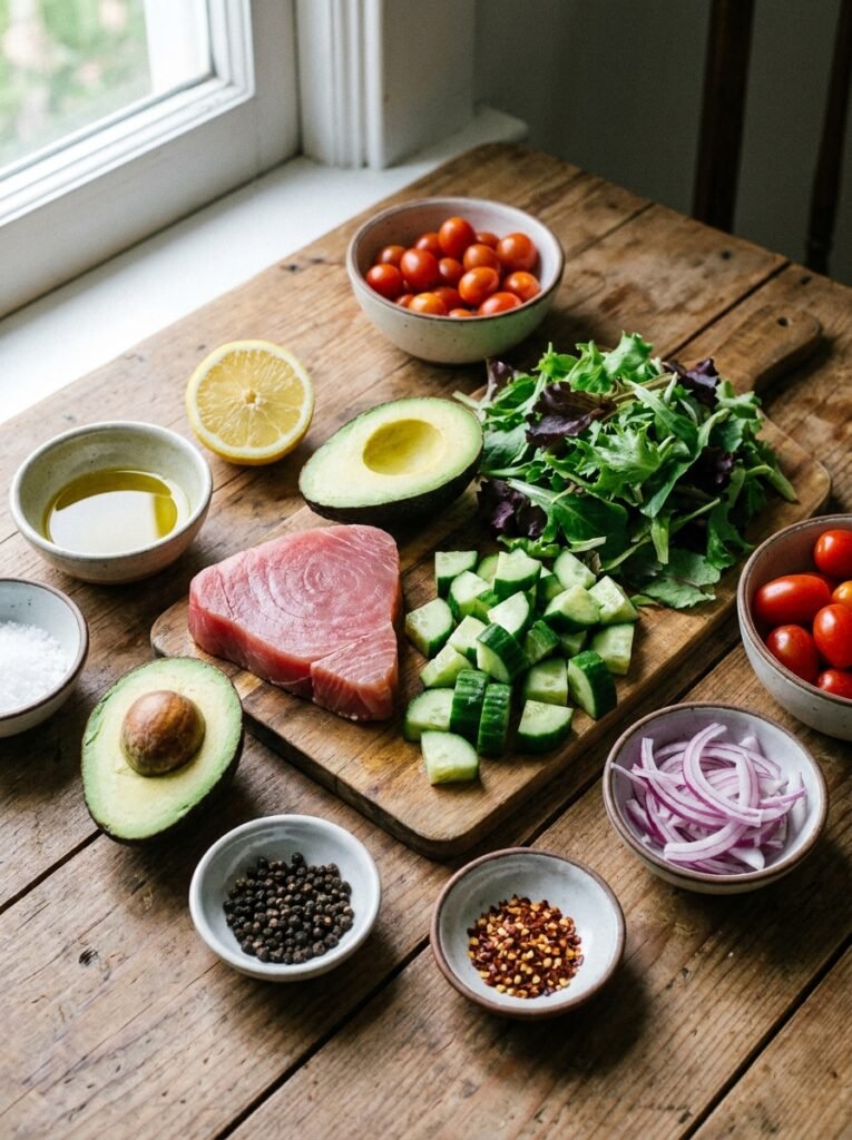 high protein grilled tuna avocado cucumber salad 13 Tuna avocado cucumber salad ingr… 202605132111
