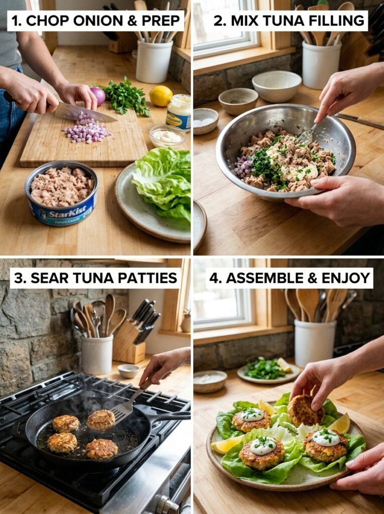 Tuna lettuce burger cups cooking 202606051443
