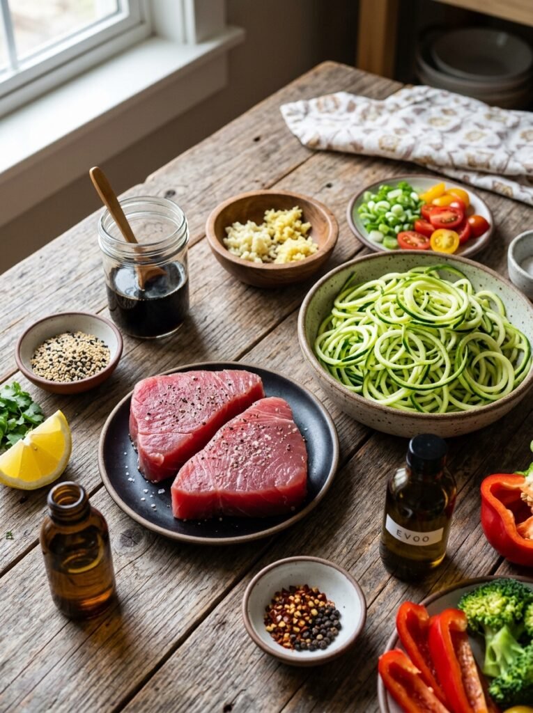 High Protein Tuna Steak Zucchini Noodle Plate 13 Tuna steak zucchini noodle ingre… 202605281518