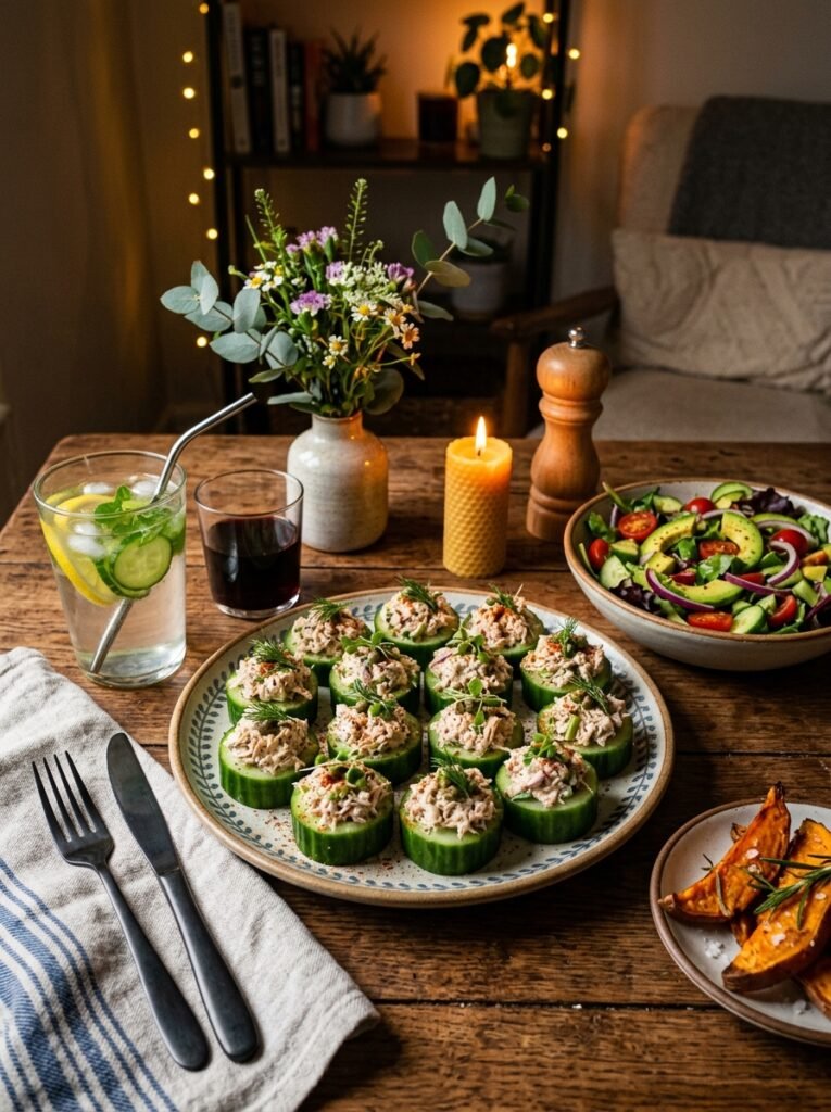 Tuna stuffed cucumber rounds setup 202605230003