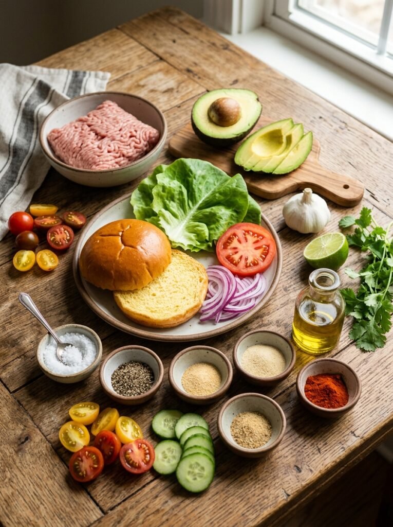 Easy High Protein Turkey Burger Avocado Plate 13 Turkey burger ingredients arrang… 202605242313