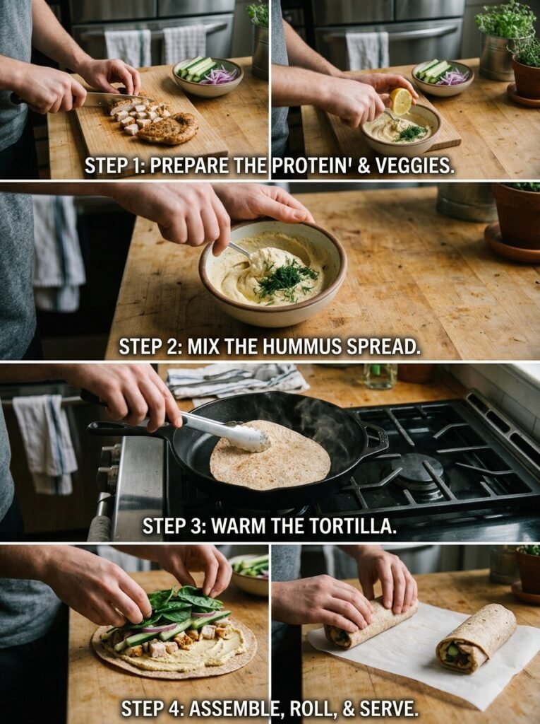 High Protein Turkey Cucumber Hummus Lunch Wrap: Ultimate Easy Healthy Recipe 3 Turkey cucumber hummus wrap process 202605231224