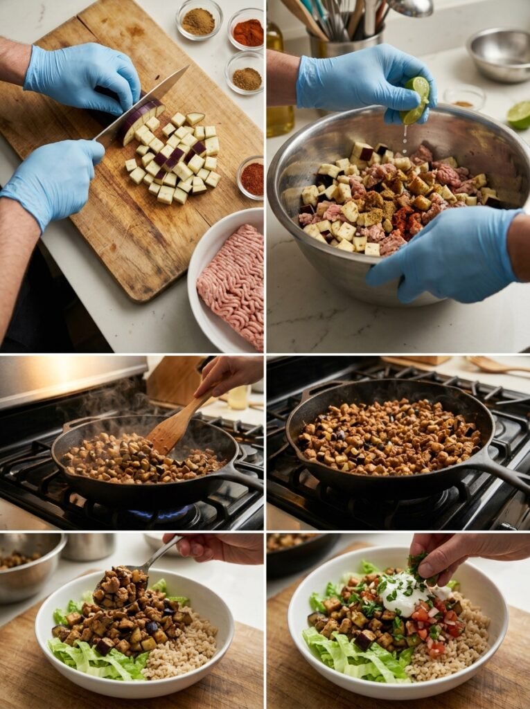 High Protein Low Calorie Turkey Eggplant Taco Bowl 14 Turkey eggplant taco bowl cooking 202605281522