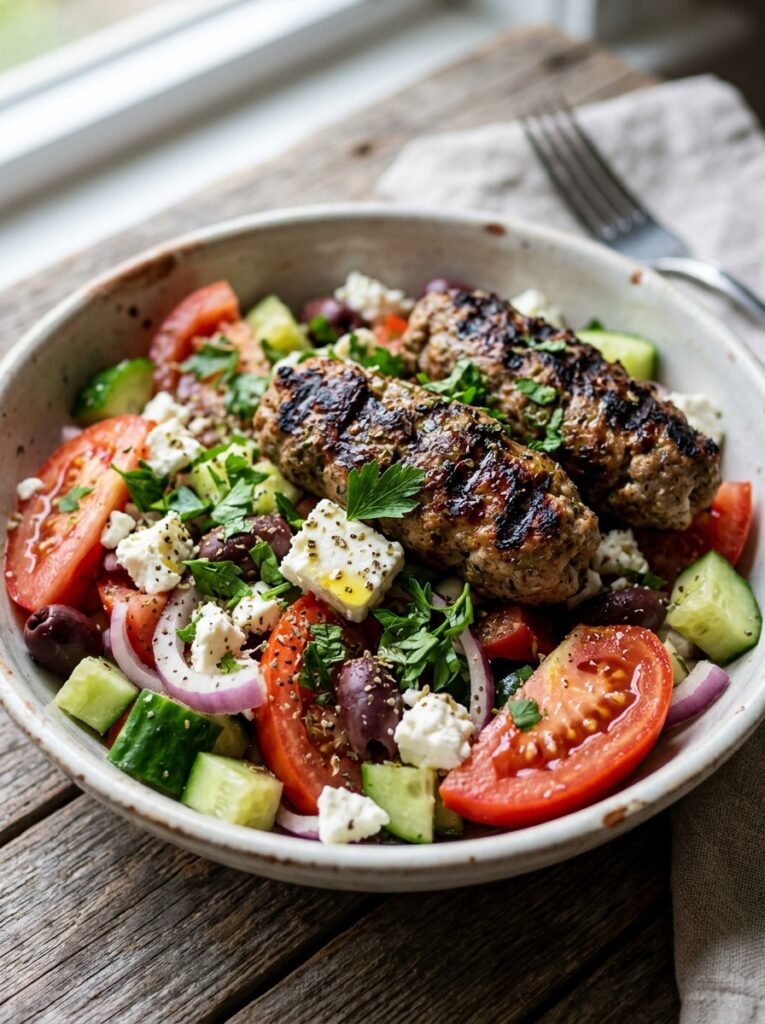 Turkey kebab greek salad plate 202605202256