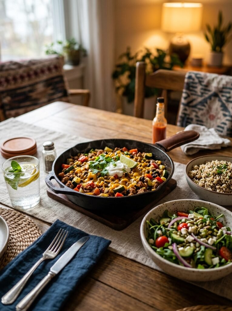 Turkey zucchini skillet with drinks 202605031351