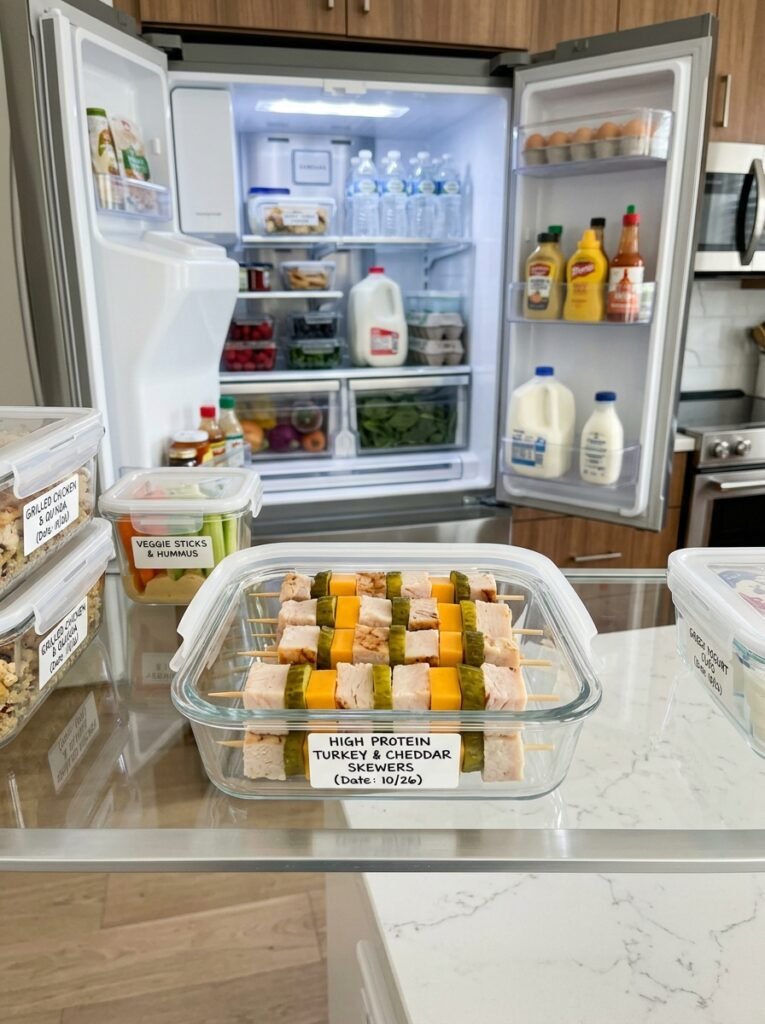 High Protein Turkey Cheddar Pickle Skewers 16 Food storage containers with ske… 202606031957